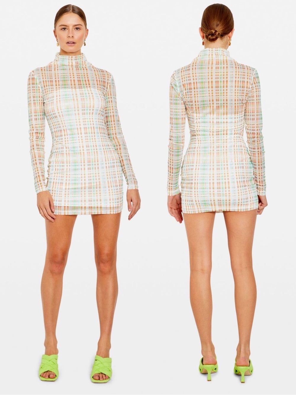 Atoir x Lara Worthington 006 Mini Dress Green Check Plaid Long Sleeve Mesh Small